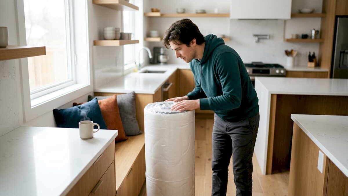 Una persona se tumba sobre un colchón nuevo para comprobar su comodidad en un dormitorio de estilo moderno.