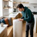 Una persona se tumba sobre un colchón nuevo para comprobar su comodidad en un dormitorio de estilo moderno.