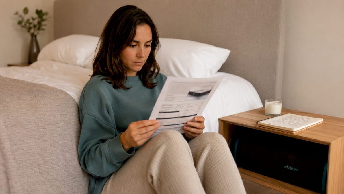 Una mujer consulta las características del colchón mientras está en su habitación.