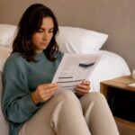 Una mujer consulta las características del colchón mientras está en su habitación.