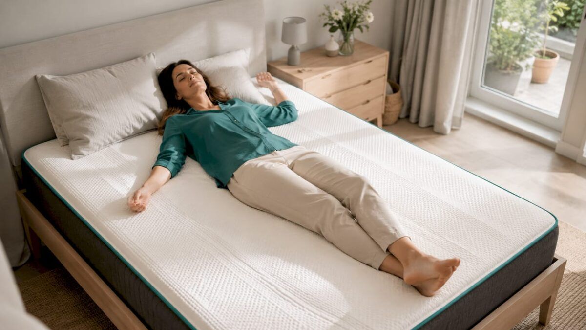 Mujer tumbada probando la comodidad de un colchón inteligente