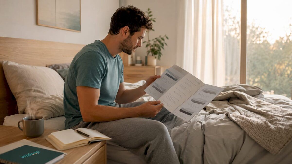 Hombre hojeando un catálogo de colchones en su habitación