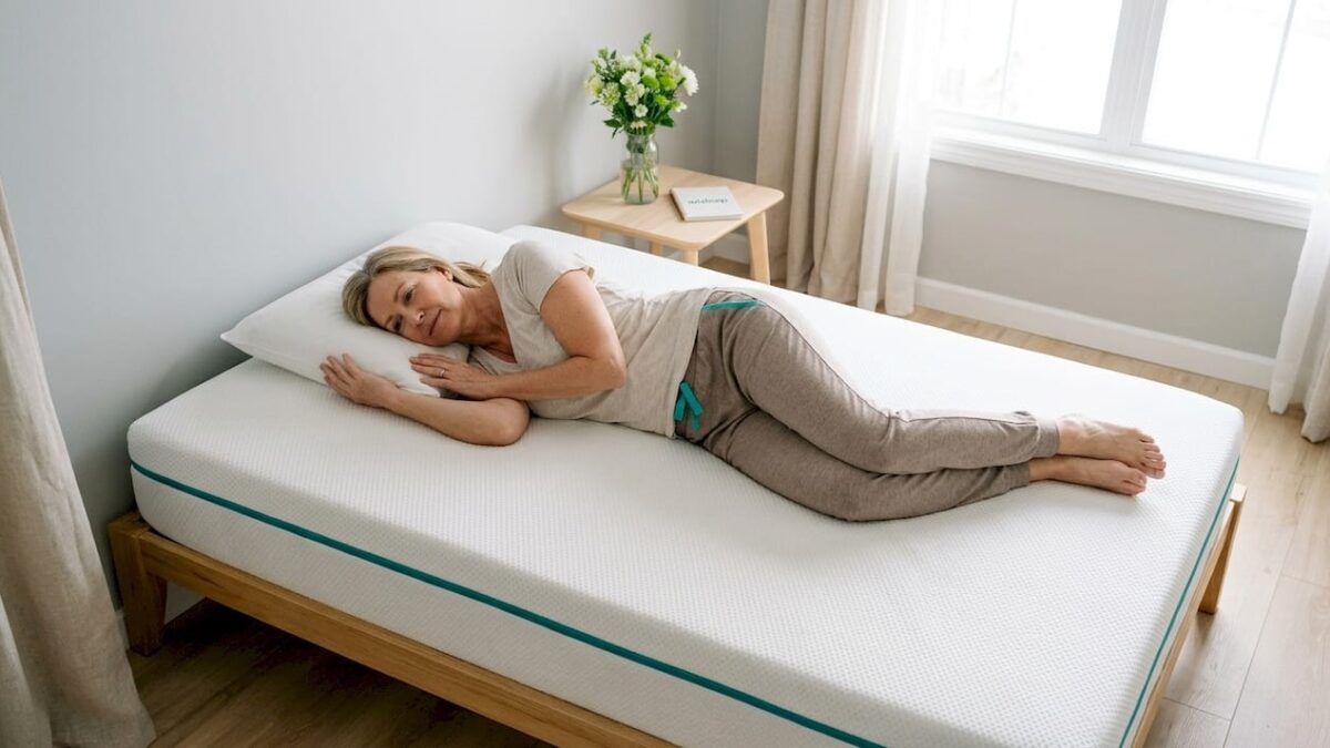 Mujer probando un colchón ortopédico en su dormitorio para comprobar su comodidad y soporte.