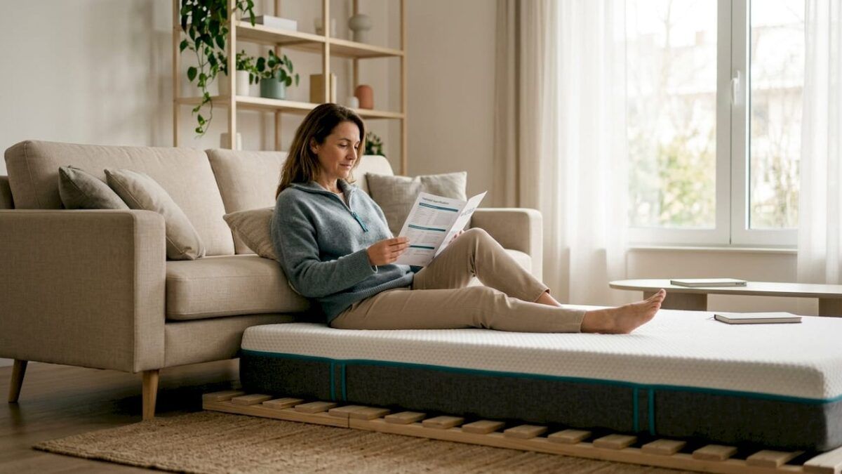 Mujer comprobando las especificaciones técnicas de un colchón certificado