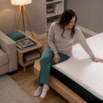 Una mujer evalúa la comodidad del colchón antes de decidirse en la tienda.