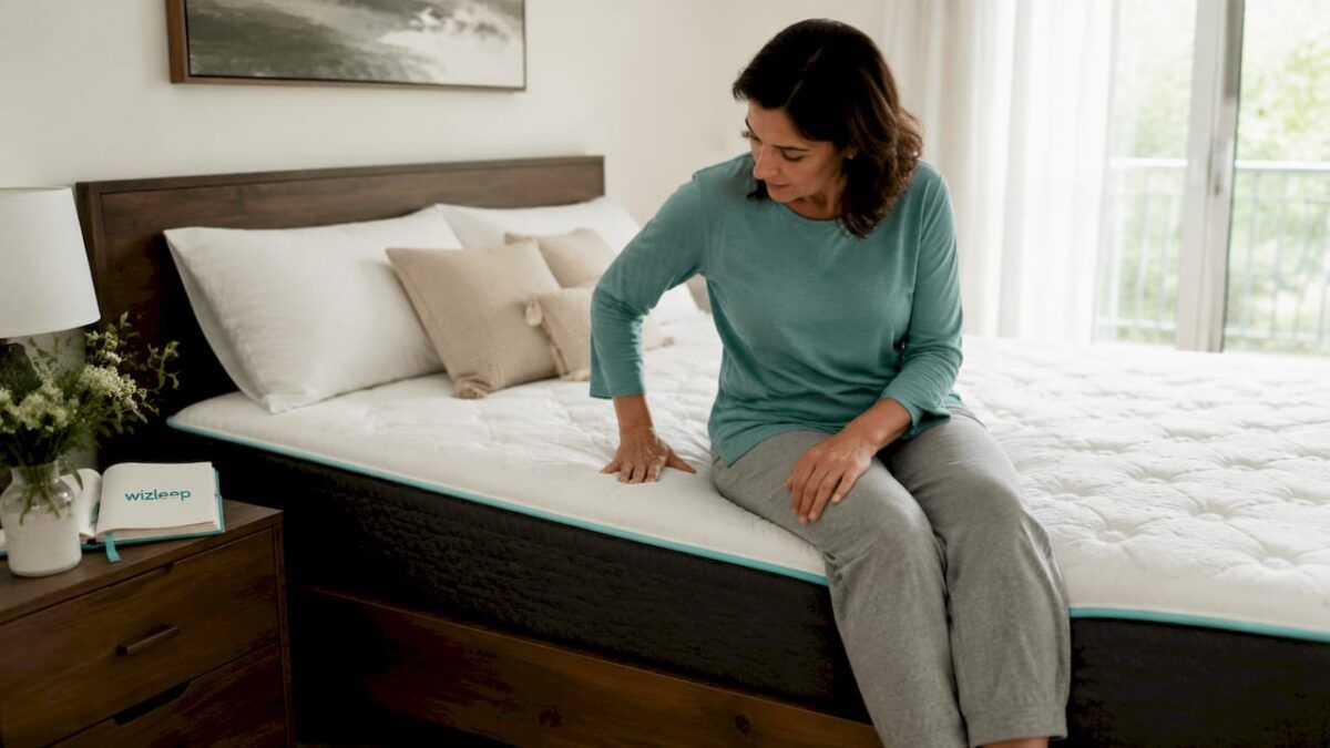 Una mujer revisa qué tan cómodo y firme es un colchón en su habitación