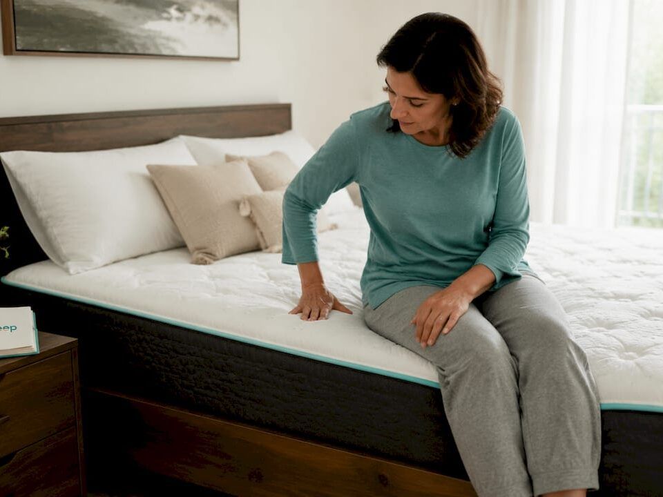Una mujer revisa qué tan cómodo y firme es un colchón en su habitación
