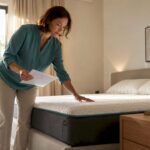 Una mujer revisa la comodidad de un colchón en una habitación moderna.