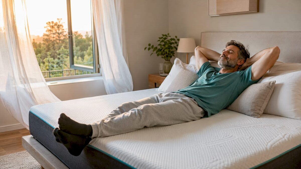 Un hombre disfruta de un merecido descanso sobre su colchón hecho a medida, relajándose en un dormitorio acogedor.