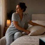 Una mujer se dispone a seguir su rutina nocturna en un dormitorio acogedor y bien organizado.