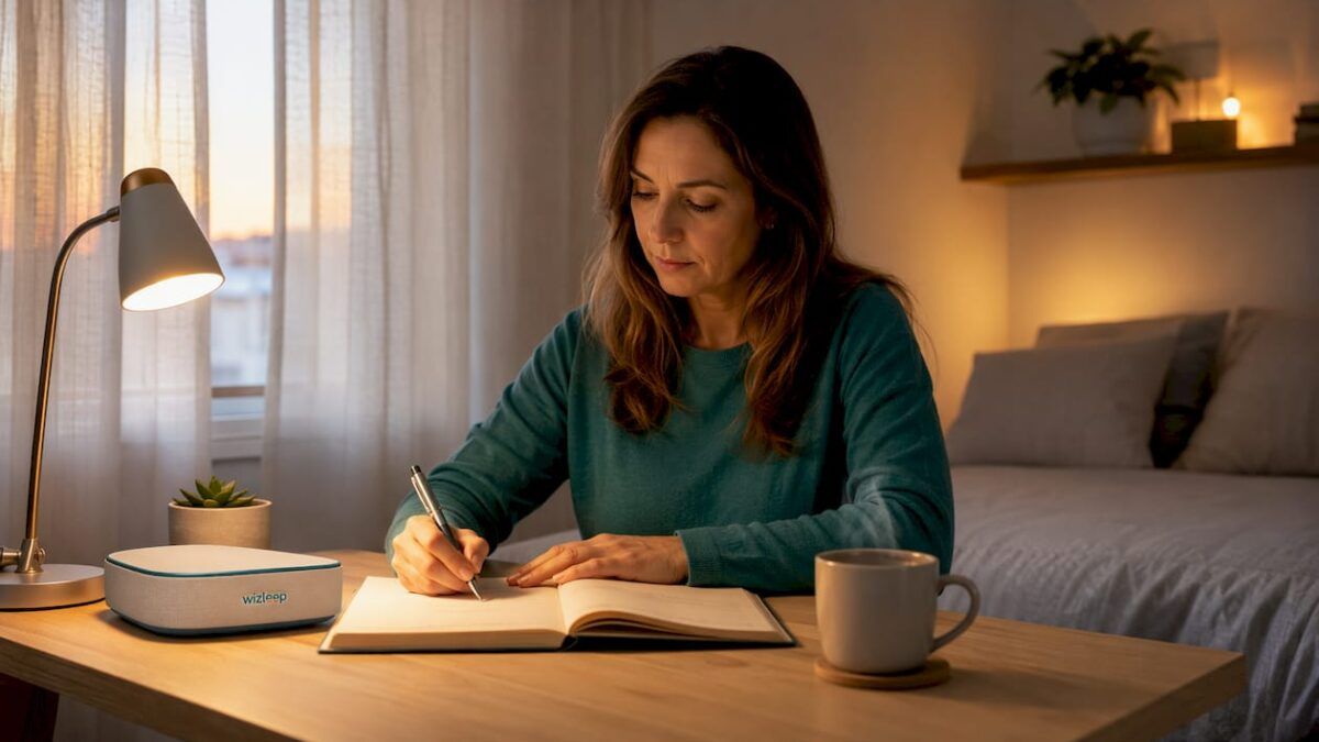 Mujer registrando su rutina de sueño en su habitación