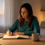 Mujer registrando su rutina de sueño en su habitación