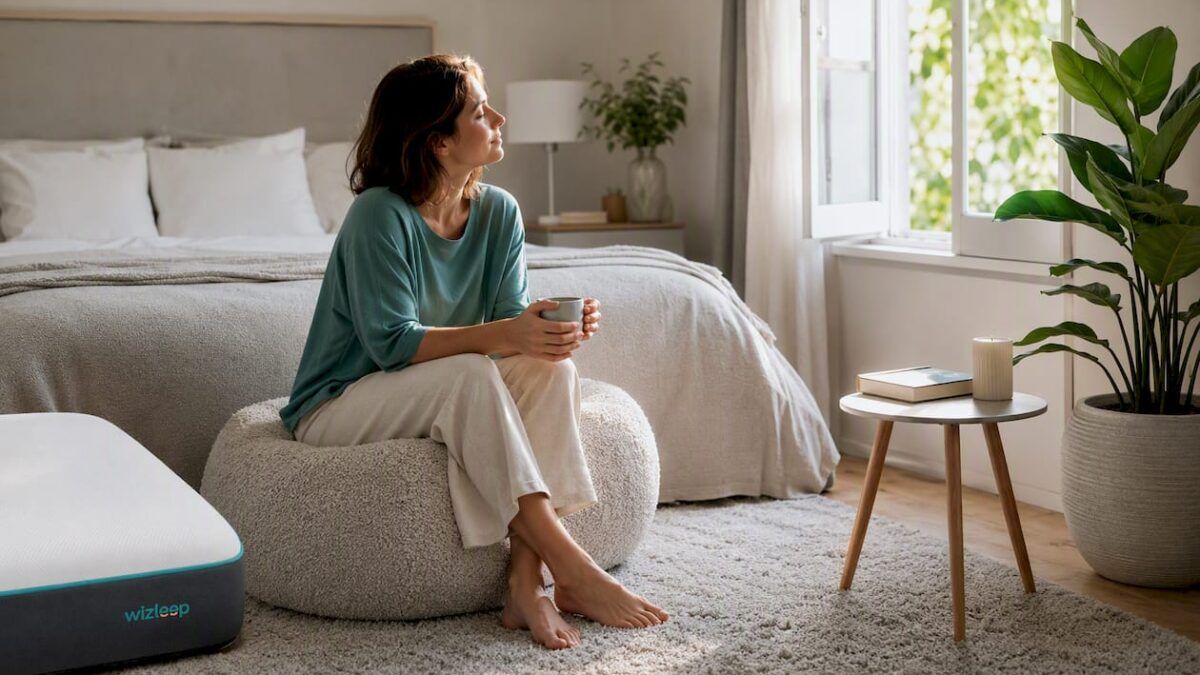 Una mujer dedica unos minutos a meditar en una habitación serena y acogedora.