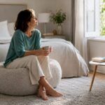 Una mujer dedica unos minutos a meditar en una habitación serena y acogedora.