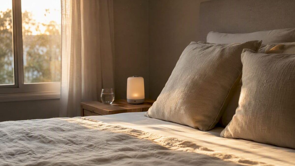 Rincón acogedor en el dormitorio principal, decorado con ropa de cama suave y confortable.