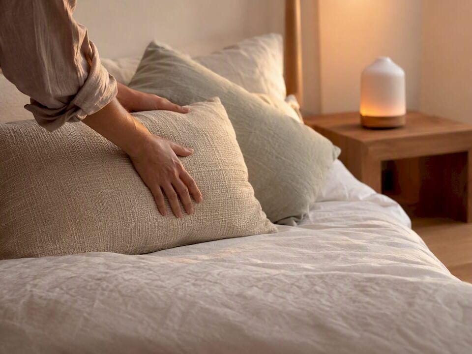 Una habitación iluminada suavemente, donde una mano acaricia las sábanas para dejarlas perfectas.