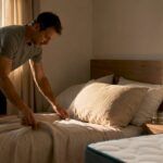 Un deportista arreglando su cama para asegurarse de descansar bien durante la noche.