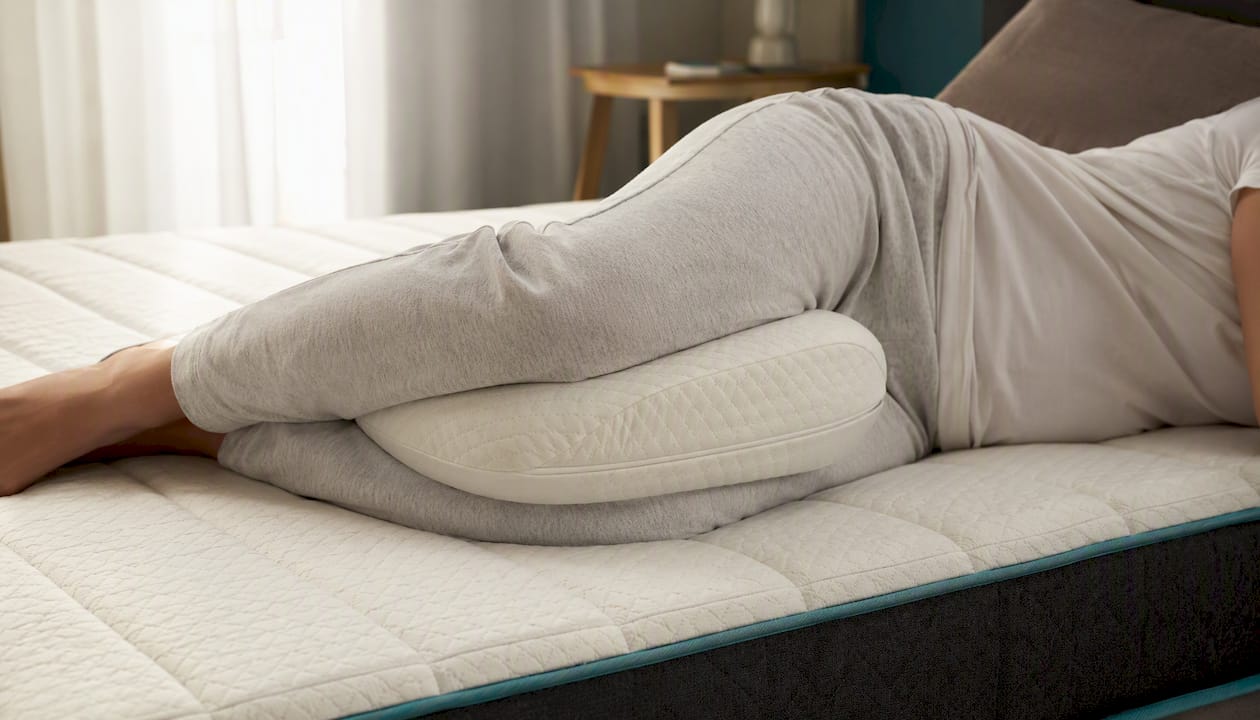 Persona durmiendo de lado con una almohada colocada entre las piernas