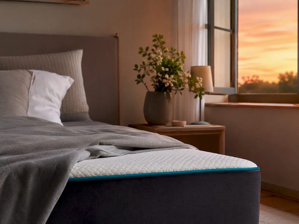 Dormitorio tranquilo con la suave iluminación en el borde del colchón