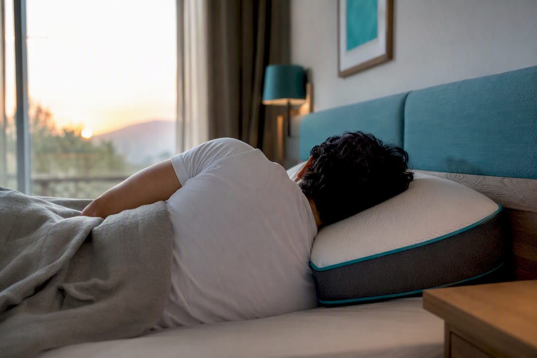 Persona durmiendo de lado con la cabeza apoyada sobre una almohada