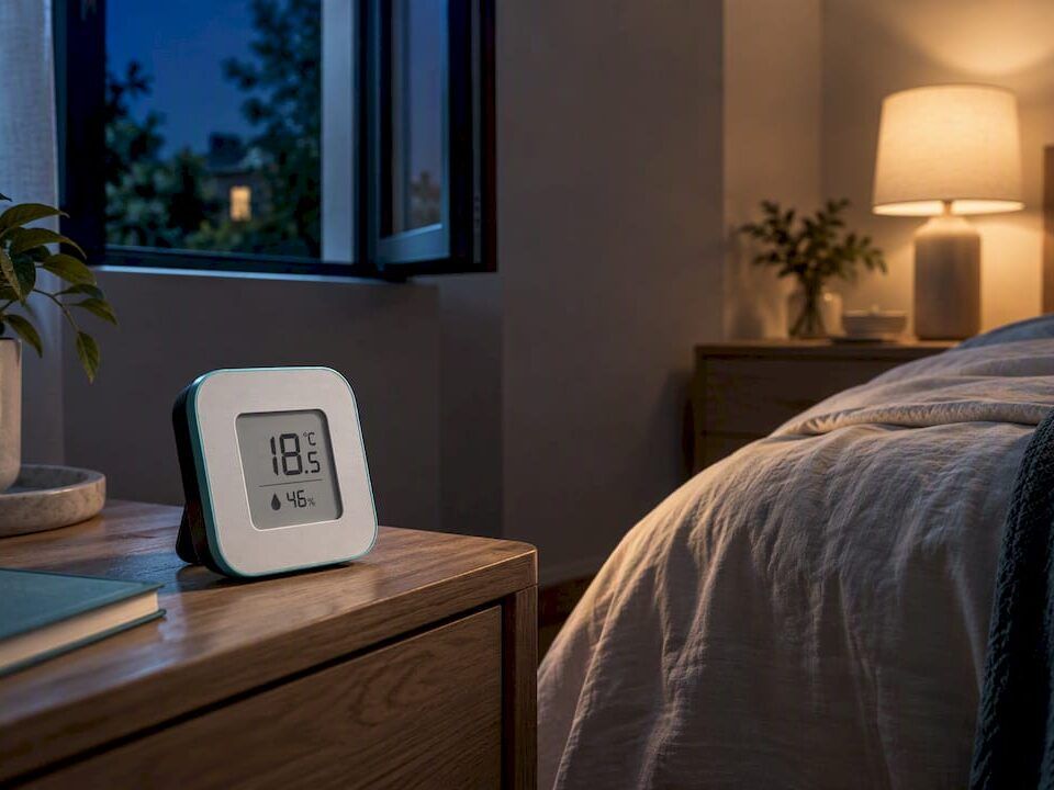 Termómetro en un dormitorio preparado para descansar