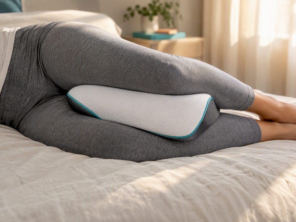 Persona durmiendo de lado con una almohada entre las piernas
