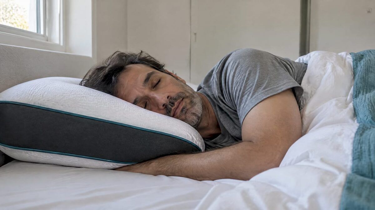 Persona durmiendo de lado apoyada en una almohada
